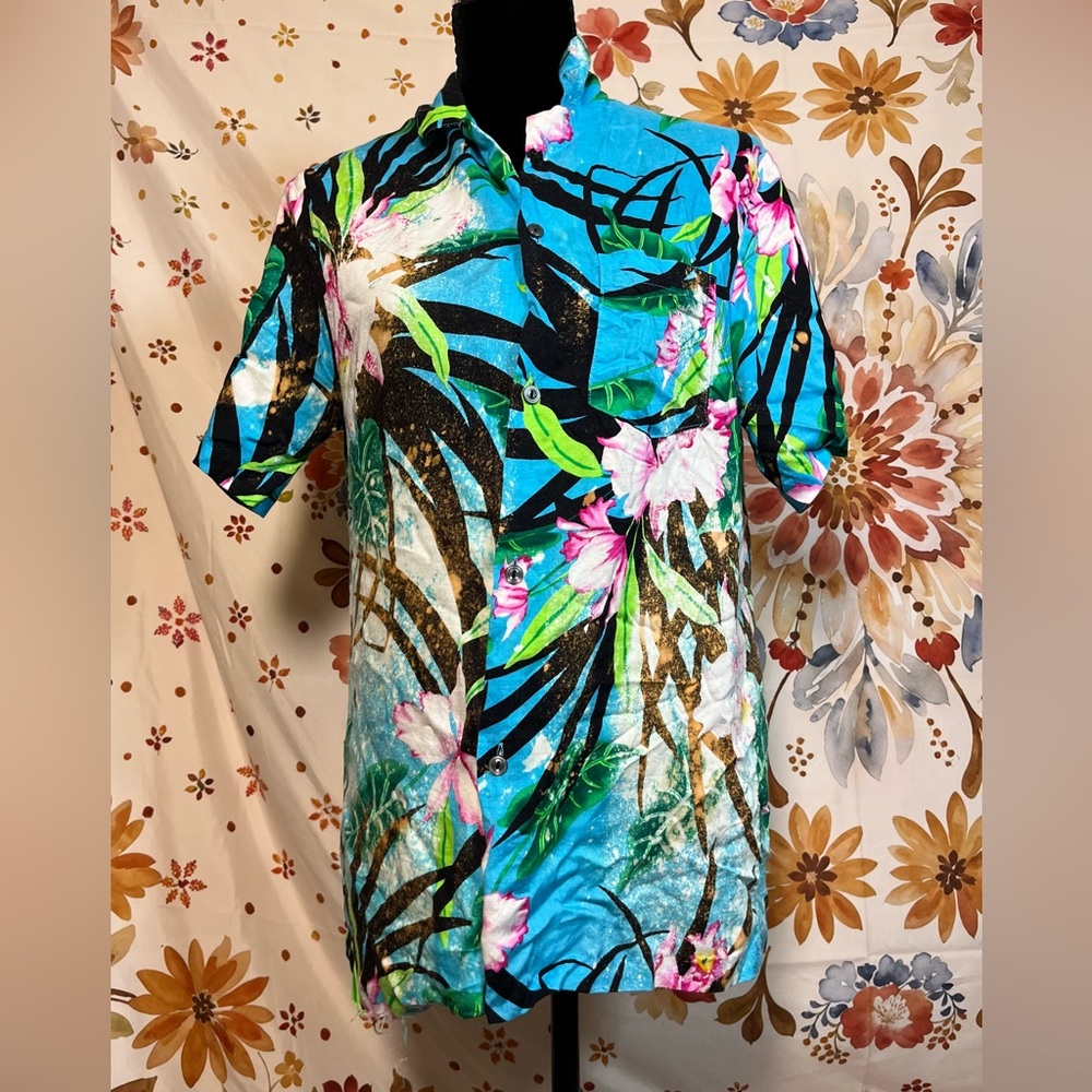 Kona Hawaiian Blue Pink Tropical Button Bleach Dye Upcycle Button Shirt Women M